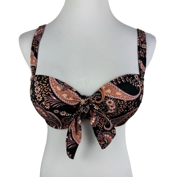 Shade & Shore Floral Paisley Bikini Top Women's 34B Front Knot Black Brown - Picture 1 of 10